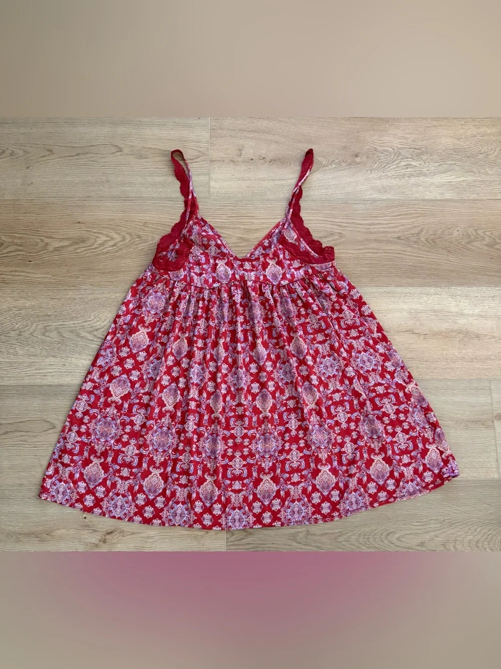 Intimately Free People Red Floral Babydoll Cami Tank Lace Trim XL